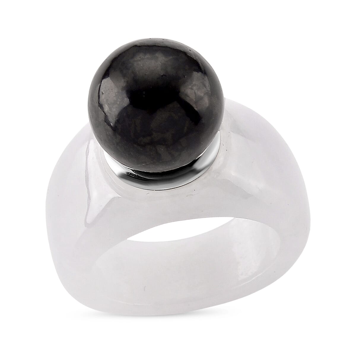 D'Joy Shungite &amp; Natural Type A Jadeite Solitaire Band Ring in Rhodium Overlay Sterling Silver 30.75 Ct. 8248798 0