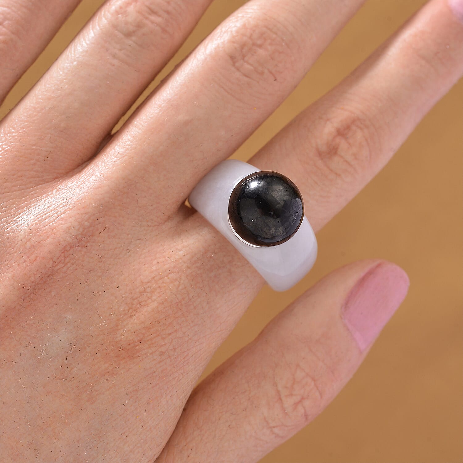 D'Joy Shungite &amp; Natural Type A Jadeite Solitaire Band Ring in Rhodium Overlay Sterling Silver 30.75 Ct. 8248798 2