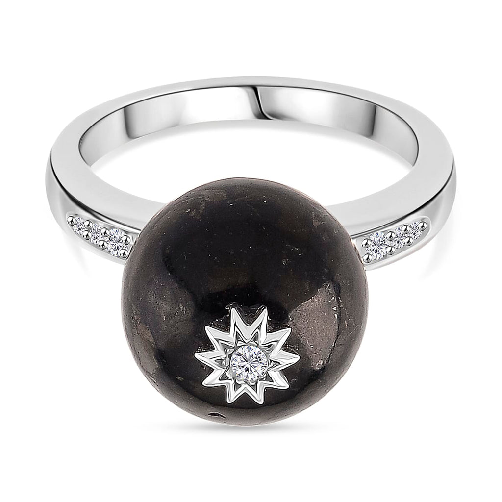 D'Joy Shungite & White Zircon Ring in Rhodium Overlay Sterling Silver 11.66 Ct.