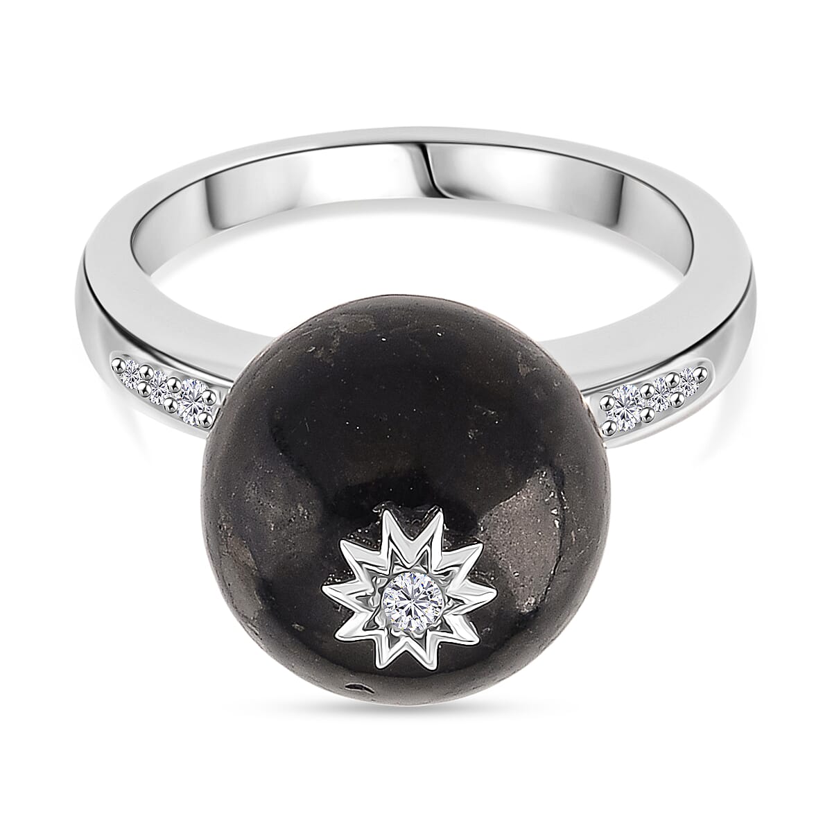 D'Joy Natural Shungite &amp; White Zircon Ring in Rhodium Overlay Sterling Silver 11.66 Ct. 8247042 0