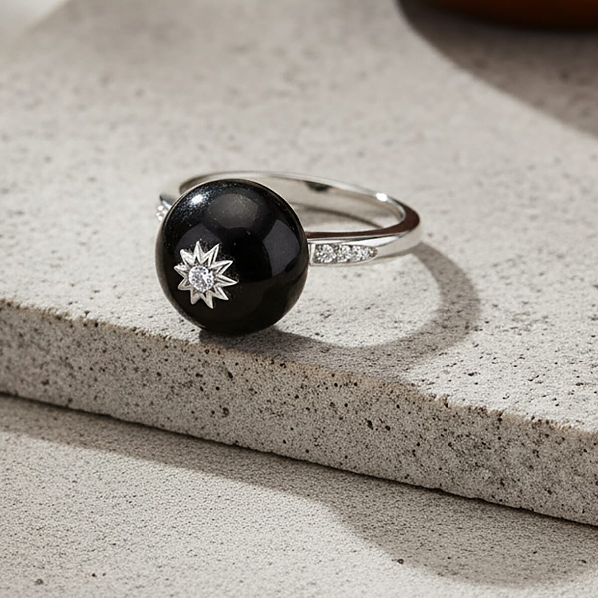 D'Joy Natural Shungite &amp; White Zircon Ring in Rhodium Overlay Sterling Silver 11.66 Ct. 8247042 2