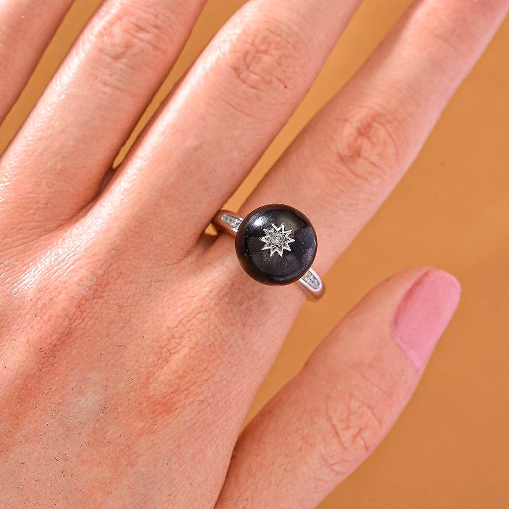 D'Joy Shungite & White Zircon Ring in Rhodium Overlay Sterling Silver 11.66 Ct.