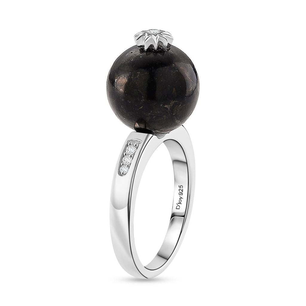 D'Joy Shungite & White Zircon Ring in Rhodium Overlay Sterling Silver 11.66 Ct.