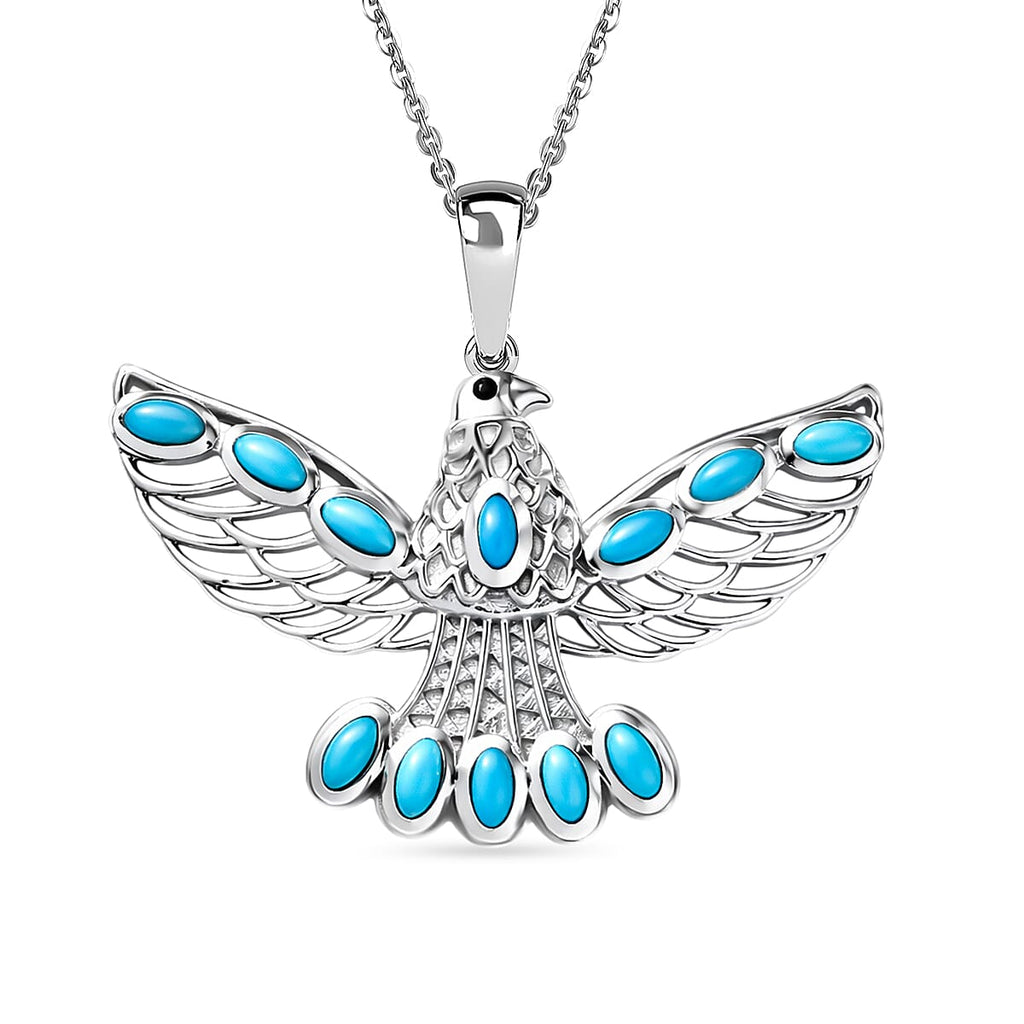 D'Joy Sleeping Beauty Turquoise & Black Spinel Thunderbird Pendant with Chain (Size 20) in Rhodium Overlay Sterling Silver 1.51 Ct.