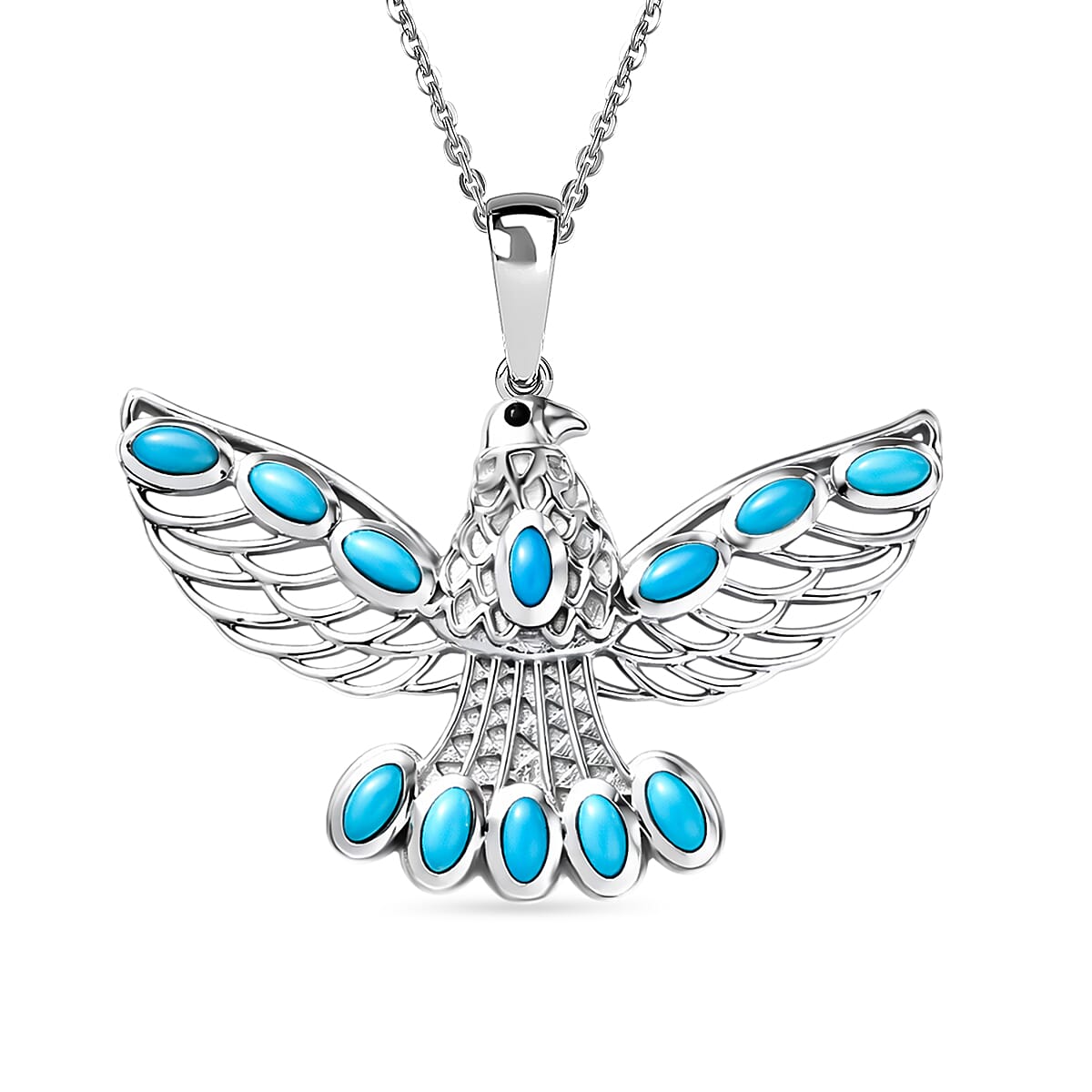 D'Joy Sleeping Beauty Turquoise &amp; Black Spinel Thunderbird Pendant with Chain (Size 20) in Rhodium Overlay Sterling Silver 1.51 Ct. 4453829 0