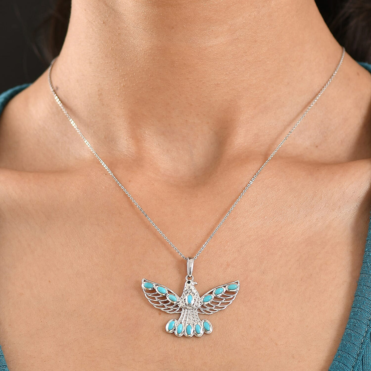 D'Joy Sleeping Beauty Turquoise &amp; Black Spinel Thunderbird Pendant with Chain (Size 20) in Rhodium Overlay Sterling Silver 1.51 Ct. 4453829 2