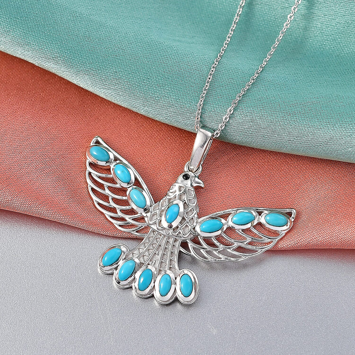 D'Joy Sleeping Beauty Turquoise &amp; Black Spinel Thunderbird Pendant with Chain (Size 20) in Rhodium Overlay Sterling Silver 1.51 Ct. 4453829 3