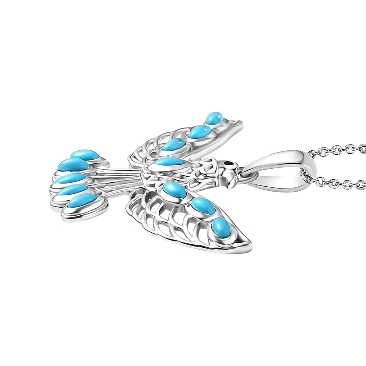 D'Joy Sleeping Beauty Turquoise &amp; Black Spinel Thunderbird Pendant with Chain (Size 20) in Rhodium Overlay Sterling Silver 1.51 Ct. 4453829 4