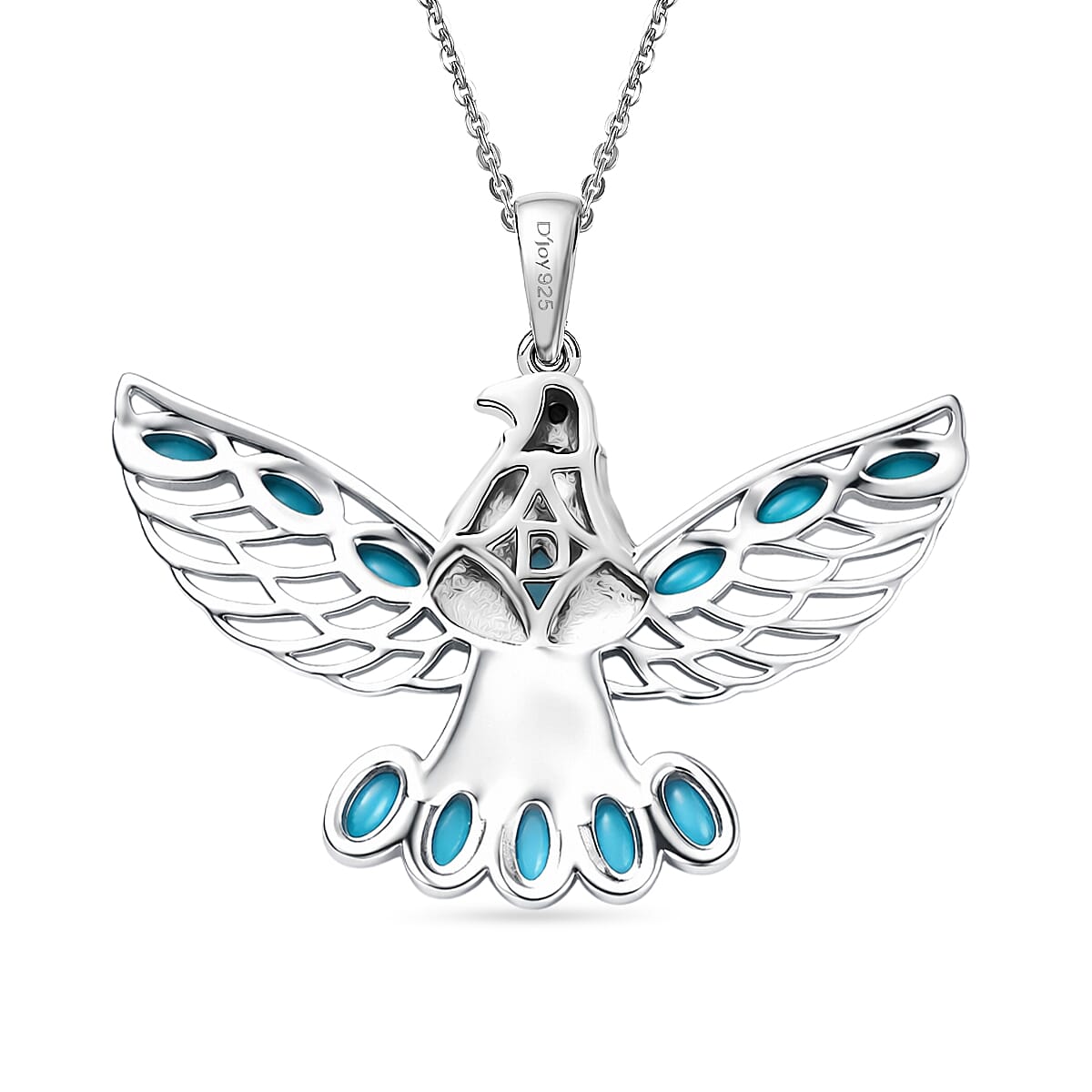 D'Joy Sleeping Beauty Turquoise &amp; Black Spinel Thunderbird Pendant with Chain (Size 20) in Rhodium Overlay Sterling Silver 1.51 Ct. 4453829 5