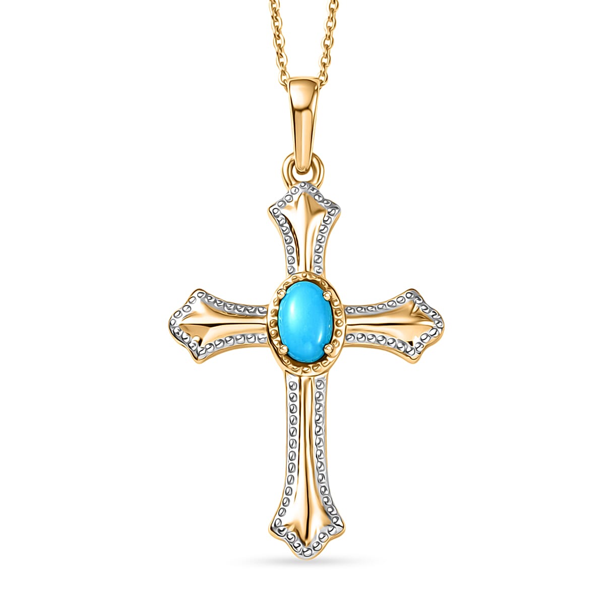 D'Joy Sleeping Beauty Turquoise Cross Pendant with Chain (Size 20) in Yellow Gold Plated &amp; Platinum Overlay Sterling Silver V32514022 0