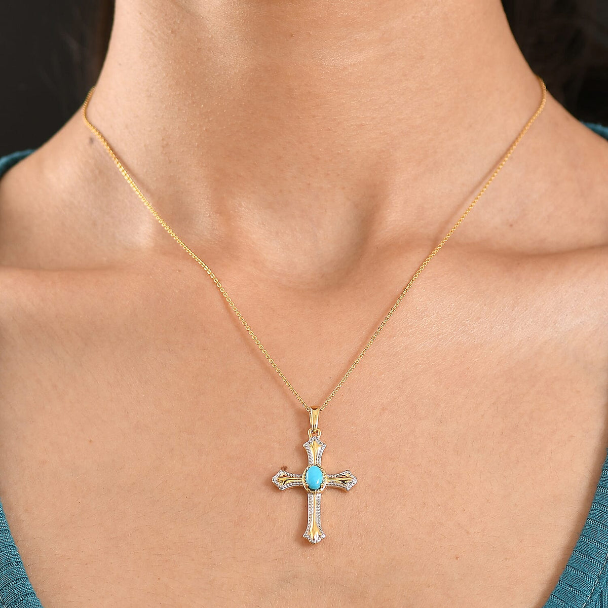 D'Joy Sleeping Beauty Turquoise Cross Pendant with Chain (Size 20) in Yellow Gold Plated &amp; Platinum Overlay Sterling Silver V32514022 2