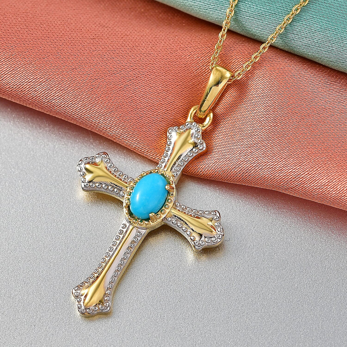 D'Joy Sleeping Beauty Turquoise Cross Pendant with Chain (Size 20) in Yellow Gold Plated &amp; Platinum Overlay Sterling Silver V32514022 3
