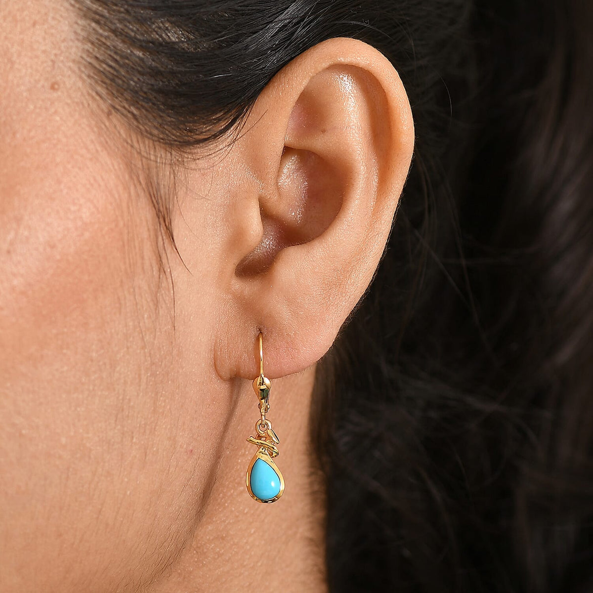 D'Joy Sleeping Beauty Turquoise Dangling Earring with Lever Back in Yellow Gold Plated Sterling Silver 1.41 Ct. 8447563 2