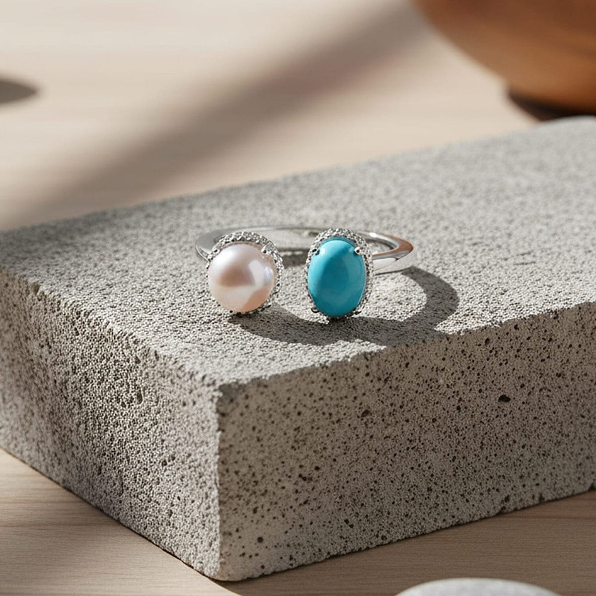 D'Joy Sleeping Beauty Turquoise &amp; Fresh Water Pearl Ring in Rhodium Overlay Sterling Silver 1.70 Ct. 8274598 1
