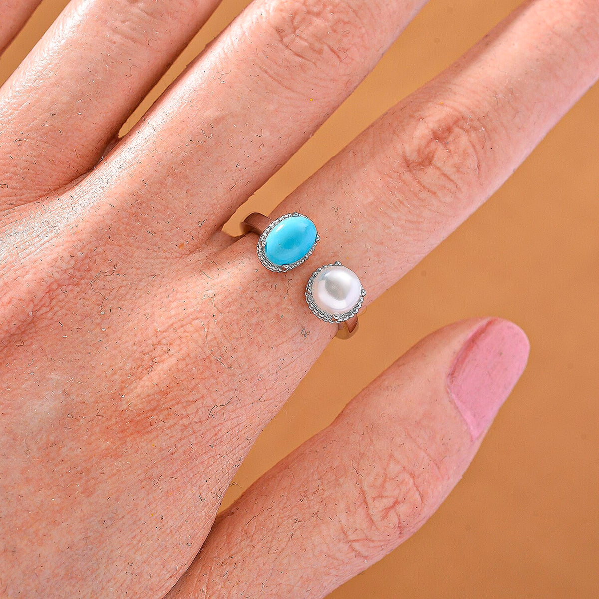 D'Joy Sleeping Beauty Turquoise &amp; Fresh Water Pearl Ring in Rhodium Overlay Sterling Silver 1.70 Ct. 8274598 2
