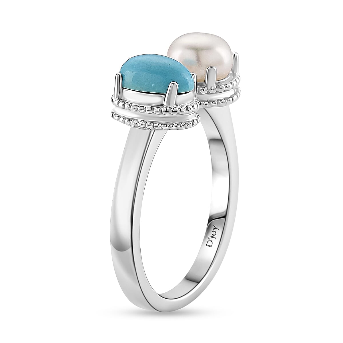D'Joy Sleeping Beauty Turquoise &amp; Fresh Water Pearl Ring in Rhodium Overlay Sterling Silver 1.70 Ct. 8274598 3