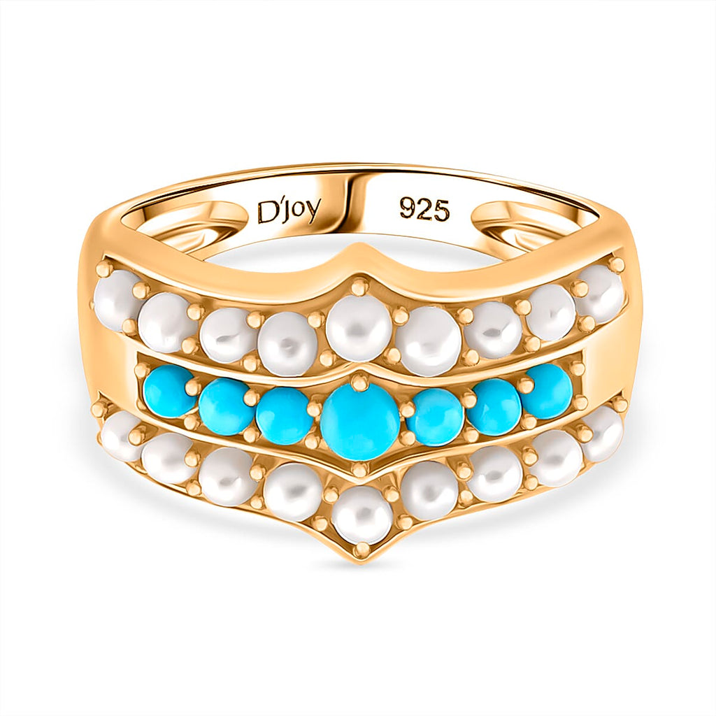 D'Joy Sleeping Beauty Turquoise & Fresh Water Pearl Ring in Yellow Gold Plated Sterling Silver 1.46 Ct.