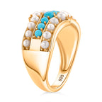 D'Joy Sleeping Beauty Turquoise & Fresh Water Pearl Ring in Yellow Gold Plated Sterling Silver 1.46 Ct.