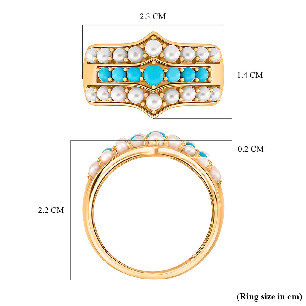 D'Joy Sleeping Beauty Turquoise & Fresh Water Pearl Ring in Yellow Gold Plated Sterling Silver 1.46 Ct.
