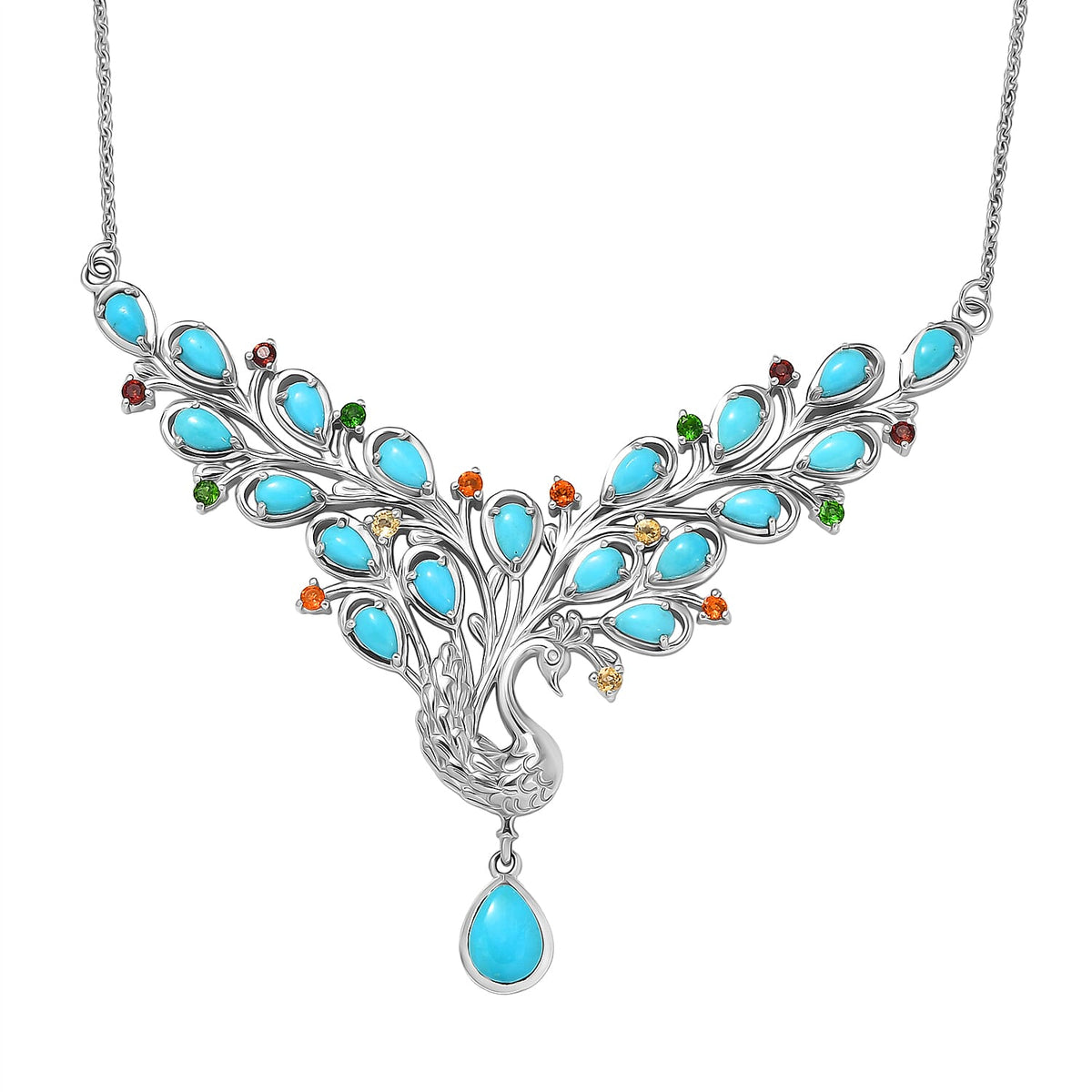 D'Joy Sleeping Beauty Turquoise, Multi Gemstones Peacock Necklace (Size - 20) with Lobster Clasp in Rhodium Overlay Sterling Silver 5.41 Ct. 8437791 0