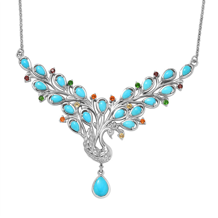 D'Joy Sleeping Beauty Turquoise, Multi Gemstones Peacock Necklace (Size - 20) with Lobster Clasp in Rhodium Overlay Sterling Silver 5.41 Ct. 8437791 1