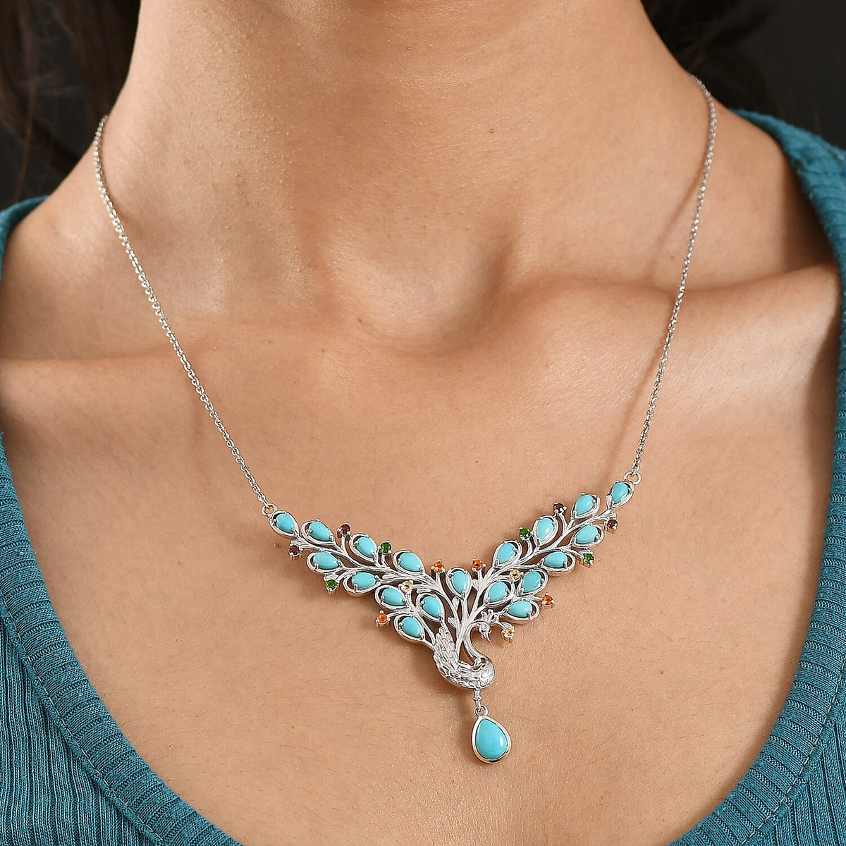 D'Joy Sleeping Beauty Turquoise, Multi Gemstones Peacock Necklace (Size - 20) with Lobster Clasp in Rhodium Overlay Sterling Silver 5.41 Ct. 8437791 2