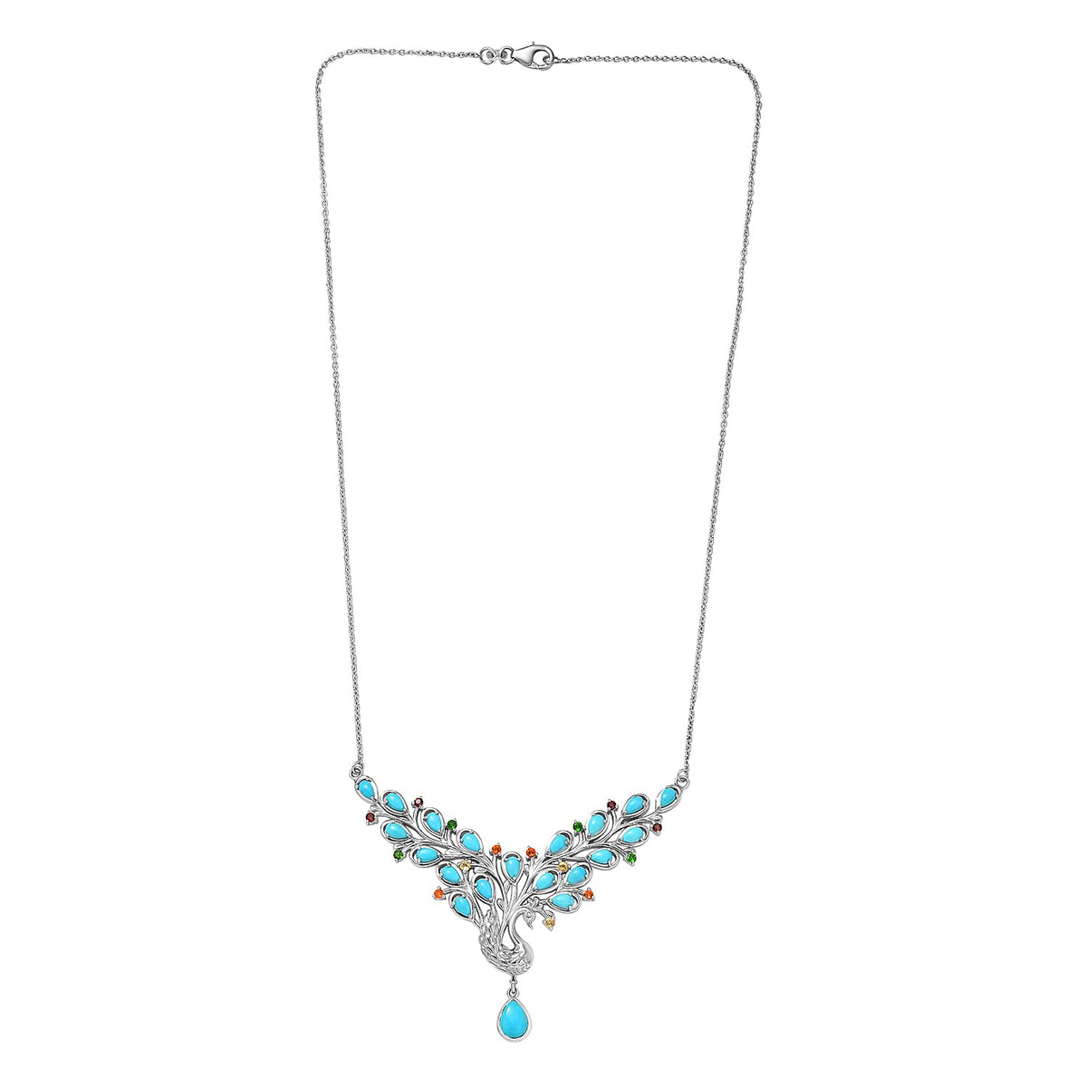 D'Joy Sleeping Beauty Turquoise, Multi Gemstones Peacock Necklace (Size - 20) with Lobster Clasp in Rhodium Overlay Sterling Silver 5.41 Ct. 8437791 4