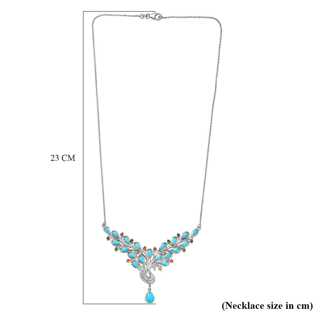 D'Joy Sleeping Beauty Turquoise & Multi Gemstones Cluster Necklace (Size - 20) with Lobster Clasp in Rhodium Overlay Sterling Silver 5.41 Ct, Silver Wt. 16.44 Gms