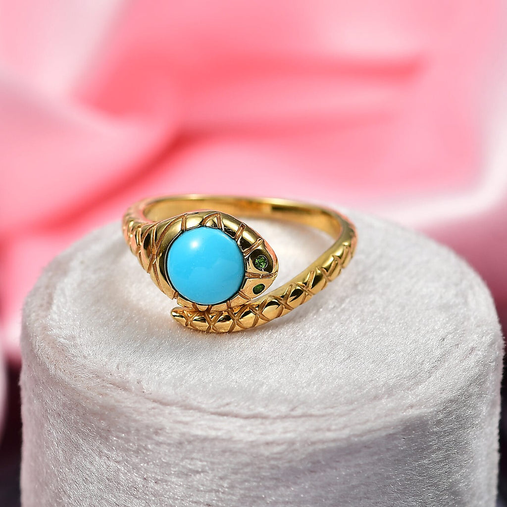 D'Joy Sleeping Beauty Turquoise & Natural Chrome Diopside Snake Ring in 18K Yellow Gold Plating Sterling Silver 1.14 Ct.