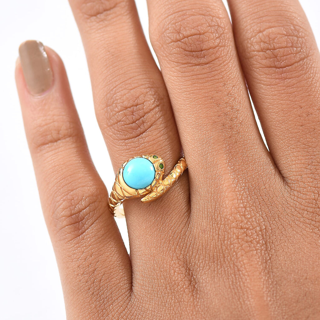 D'Joy Sleeping Beauty Turquoise & Natural Chrome Diopside Snake Ring in 18K Yellow Gold Plating Sterling Silver 1.14 Ct.