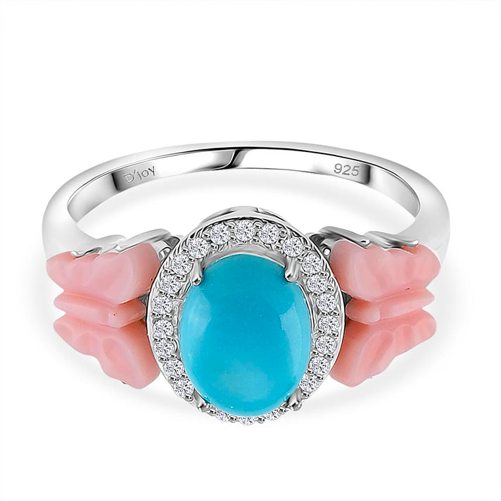 D'Joy Sleeping Beauty Turquoise, Pink Mother Of Pearl &amp; White Zircon Ring in Rhodium Overlay Sterling Silver 2.86 Ct. 8274443 1