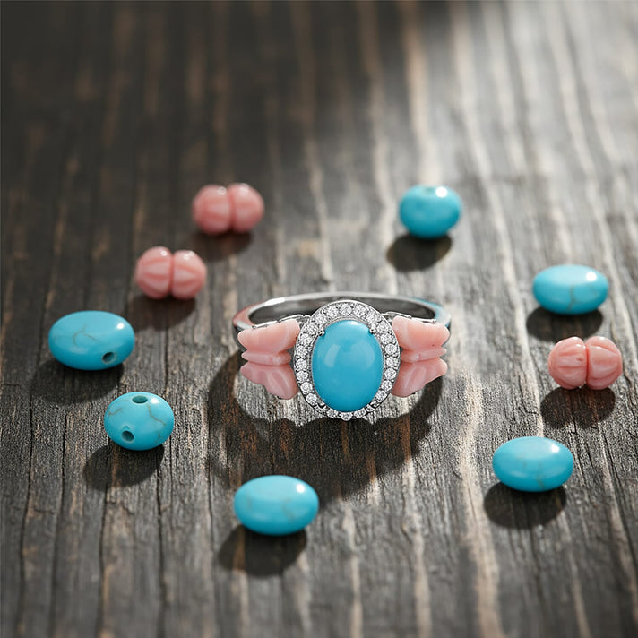 D'Joy Sleeping Beauty Turquoise, Pink Mother Of Pearl &amp; White Zircon Ring in Rhodium Overlay Sterling Silver 2.86 Ct. 8274443 2