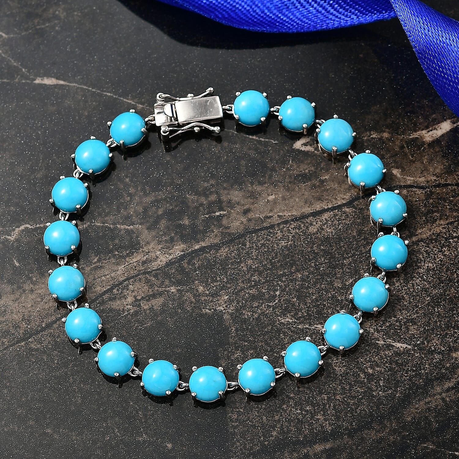 D'Joy 21.53 Ct. Sleeping Beauty Turquoise Link Bracelet (Size 7.5) with GB Lock Box in Rhodium Overlay Sterling Silver 8299586 2