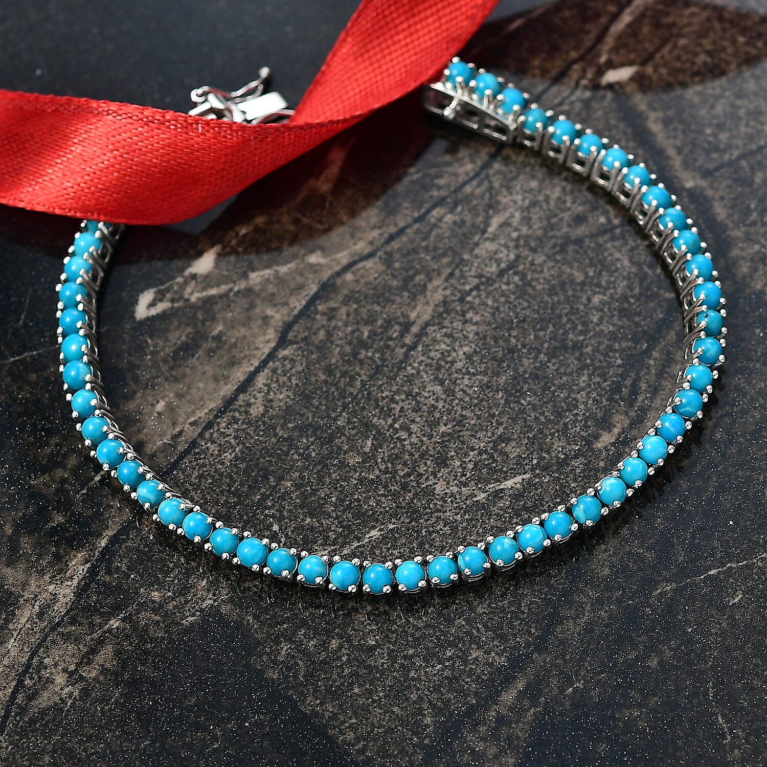 D'Joy - Sleeping Beauty Turquoise Tennis Bracelet (Size 8) with GB Lock Box in Rhodium Overlay Sterling Silver 8.00 Ct, Silver Wt. 11.00 Gms. 8287341 2