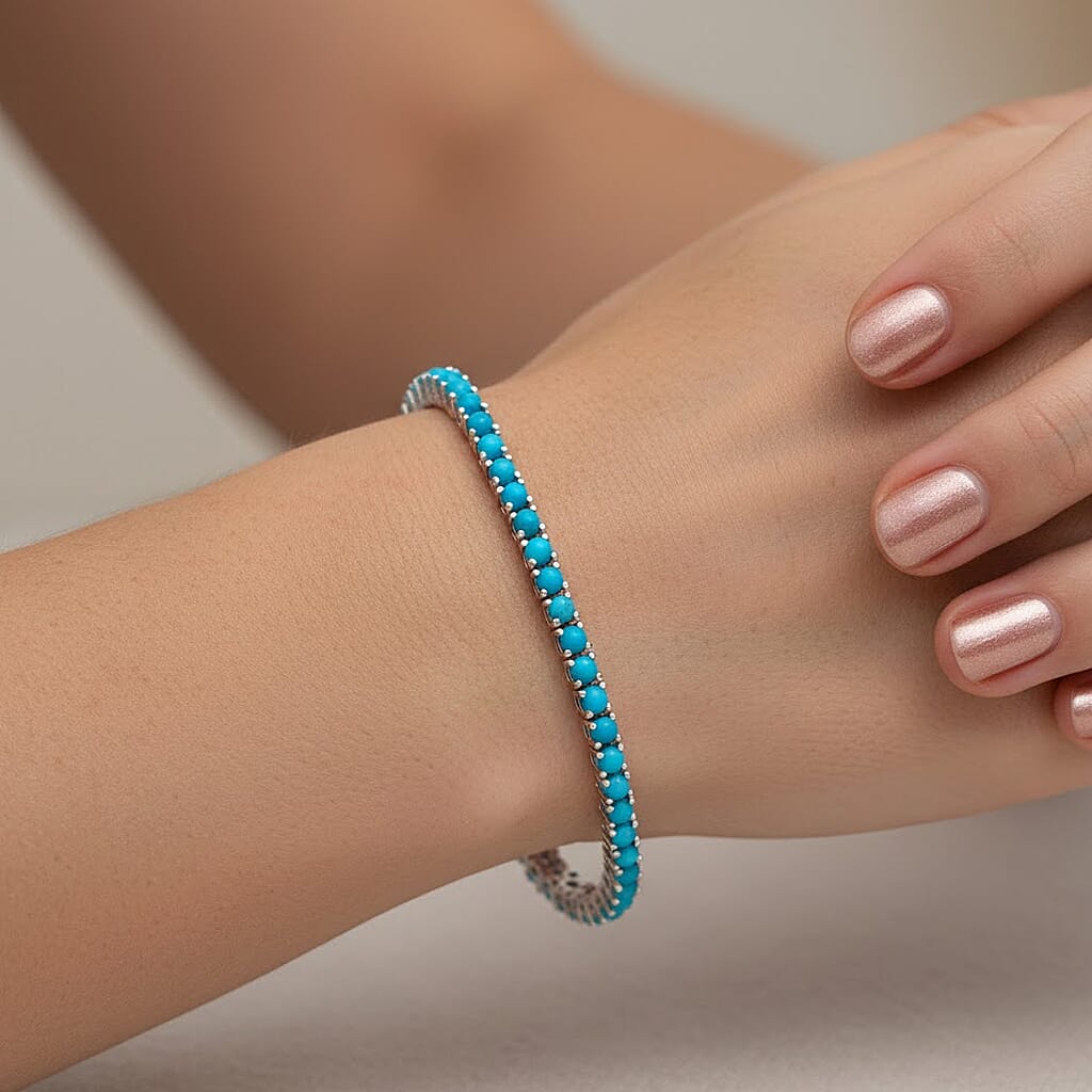 D'Joy - Sleeping Beauty Turquoise Tennis Bracelet (Size 8) with GB Lock Box in Rhodium Overlay Sterling Silver 8.00 Ct, Silver Wt. 11.00 Gms. 8287341 3