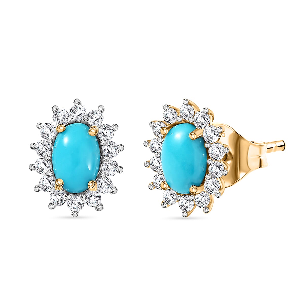 D'Joy Sleeping Beauty Turquoise &amp; White Zircon Cabochon Halo Stud Earring with Push Back in Yellow Gold Plated Sterling Silver 1.51 Ct. 8435612 0