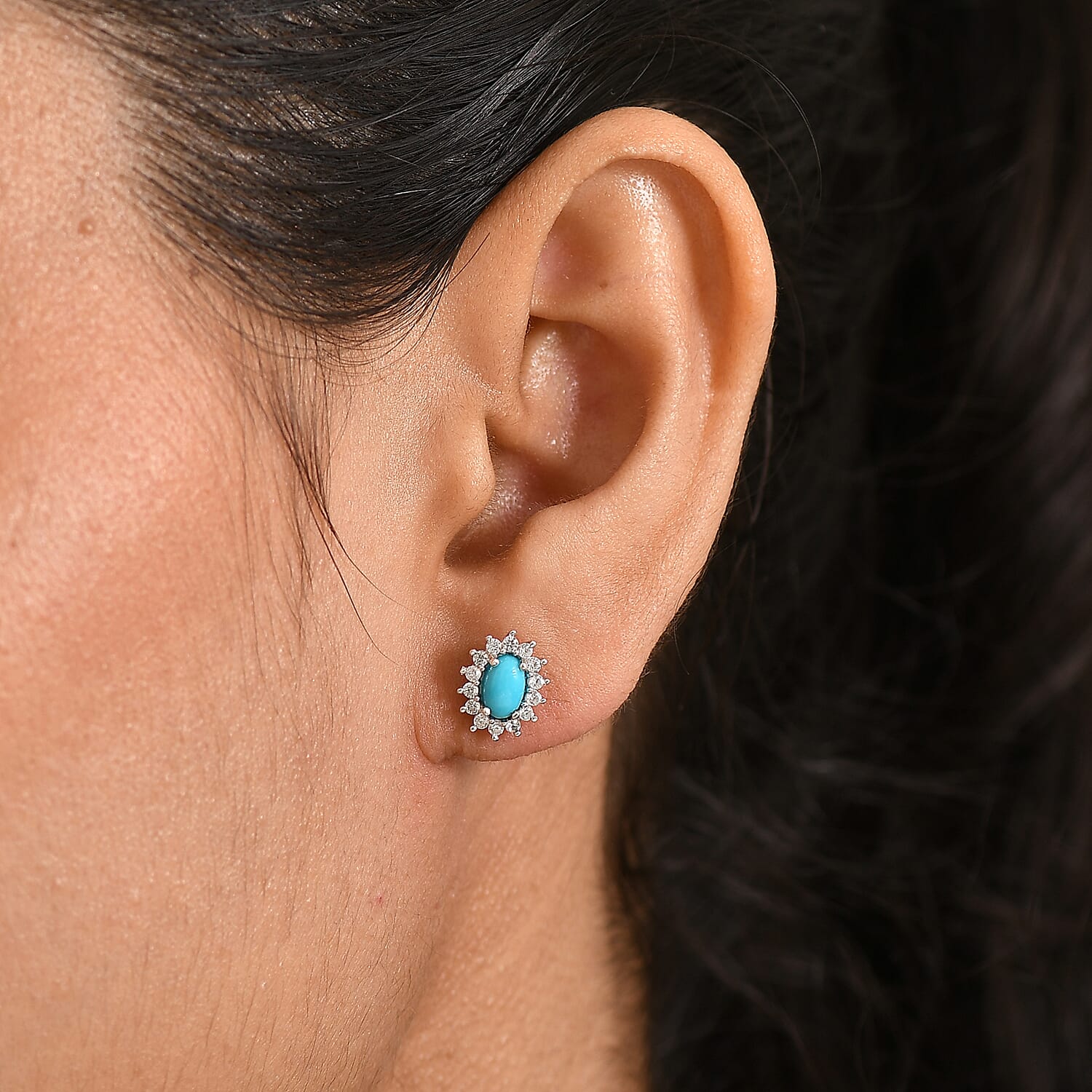 D'Joy Sleeping Beauty Turquoise &amp; White Zircon Cabochon Halo Stud Earring with Push Back in Yellow Gold Plated Sterling Silver 1.51 Ct. 8435612 2