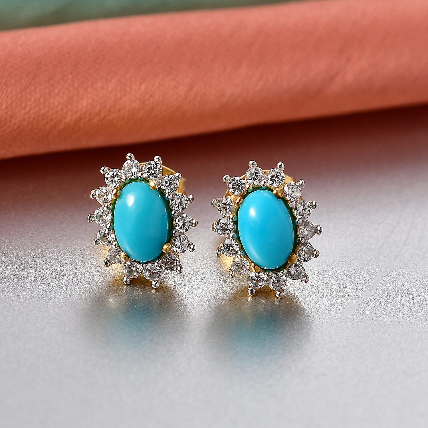 D'Joy Sleeping Beauty Turquoise &amp; White Zircon Cabochon Halo Stud Earring with Push Back in Yellow Gold Plated Sterling Silver 1.51 Ct. 8435612 3