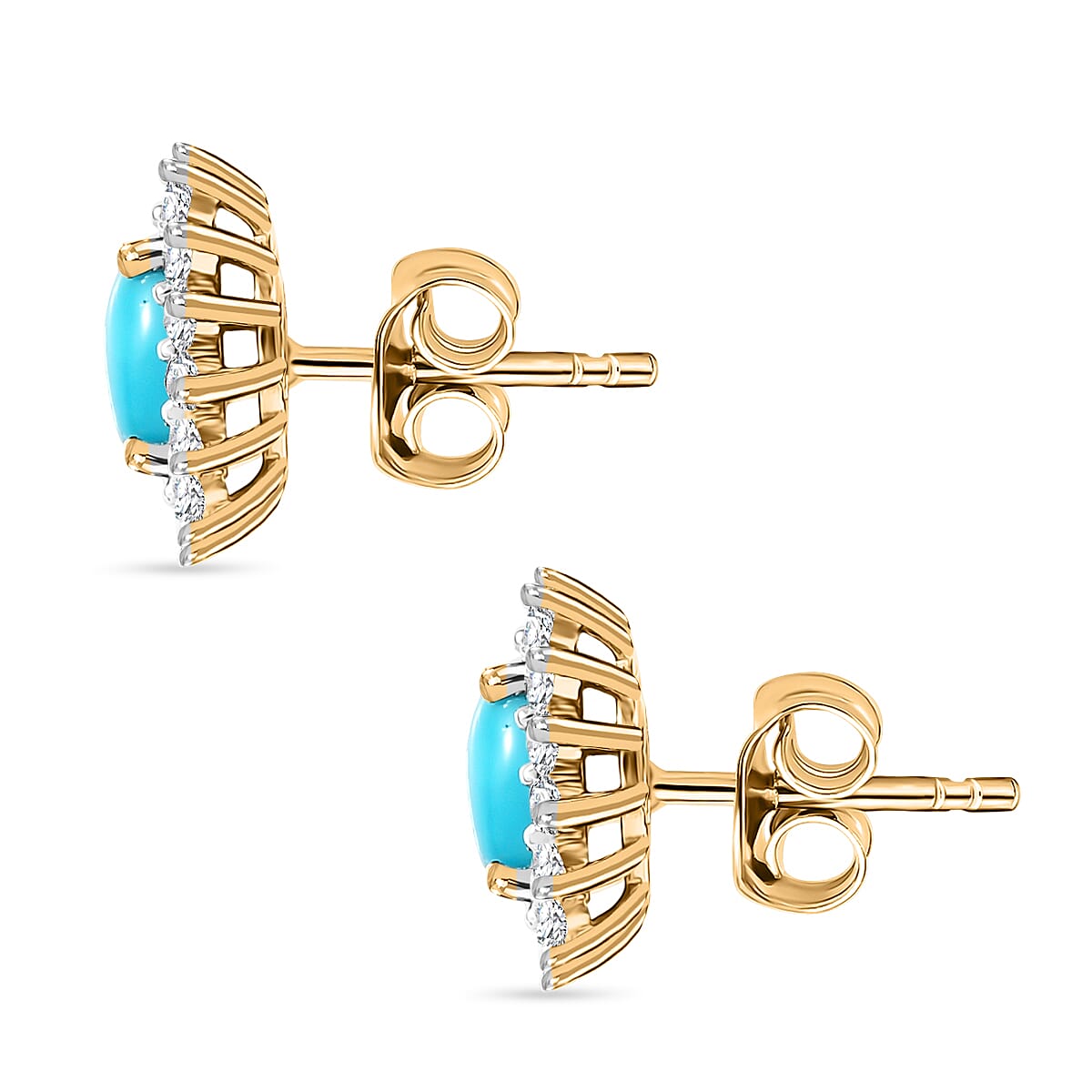 D'Joy Sleeping Beauty Turquoise &amp; White Zircon Cabochon Halo Stud Earring with Push Back in Yellow Gold Plated Sterling Silver 1.51 Ct. 8435612 4