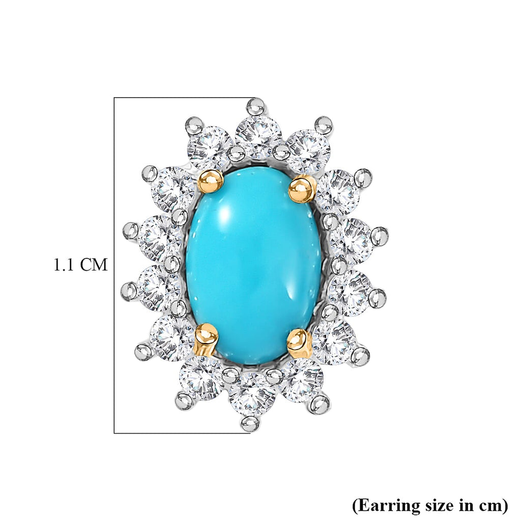 D'Joy Sleeping Beauty Turquoise & White Zircon Cabochon Halo Stud Earring with Push Back in Yellow Gold Plated Sterling Silver 1.51 Ct.