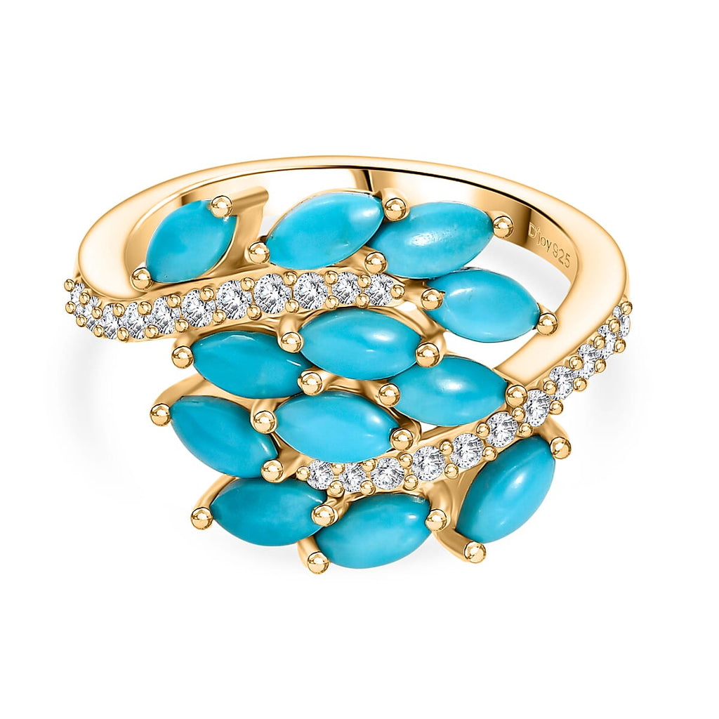 D'Joy Sleeping Beauty Turquoise & White Zircon Cluster Ring in 18K Yellow Gold Plating Sterling Silver 2.32 Ct.