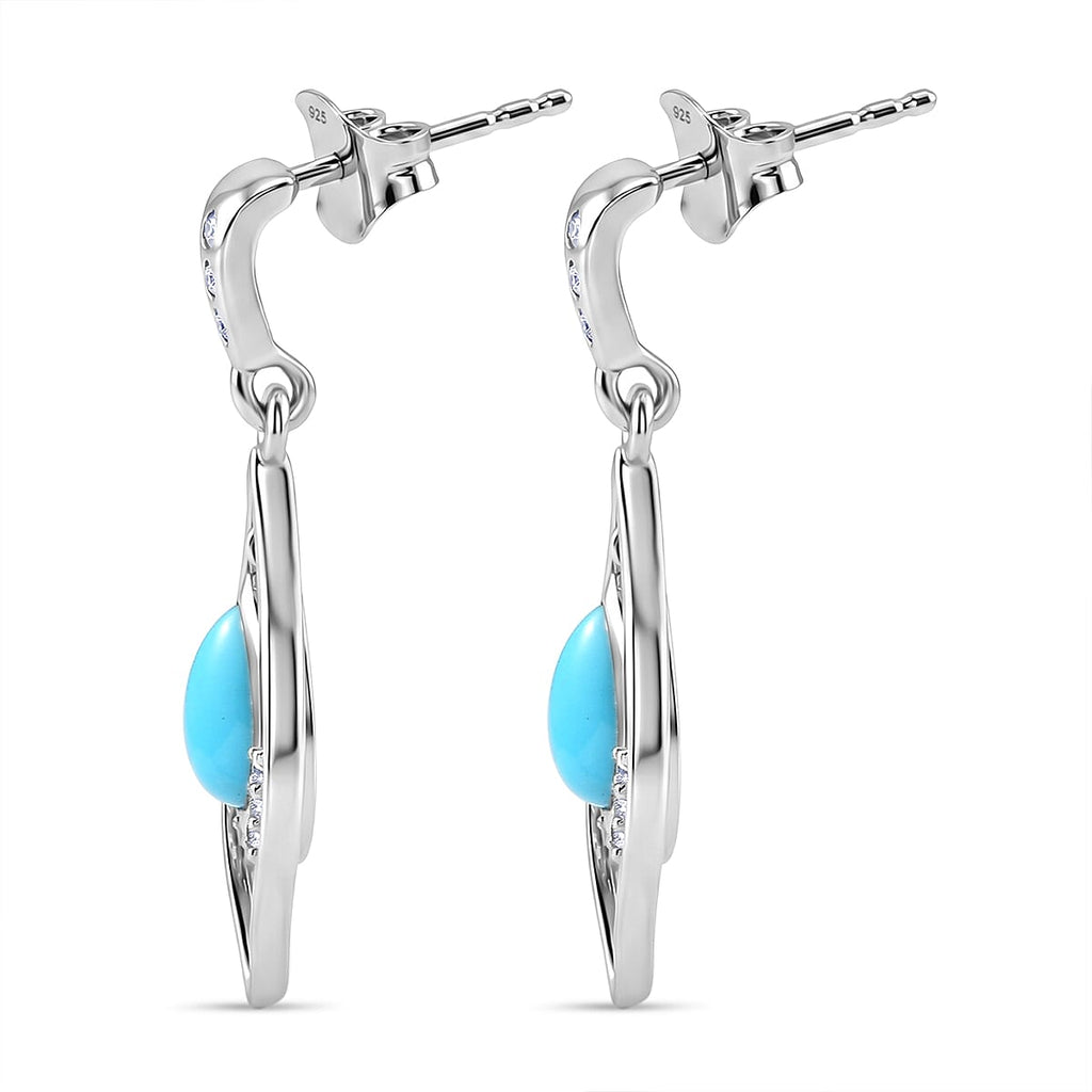 D'Joy Sleeping Beauty Turquoise & White Zircon Dangling Earring with Push Back in Rhodium Overlay Sterling Silver 1.56 Ct.