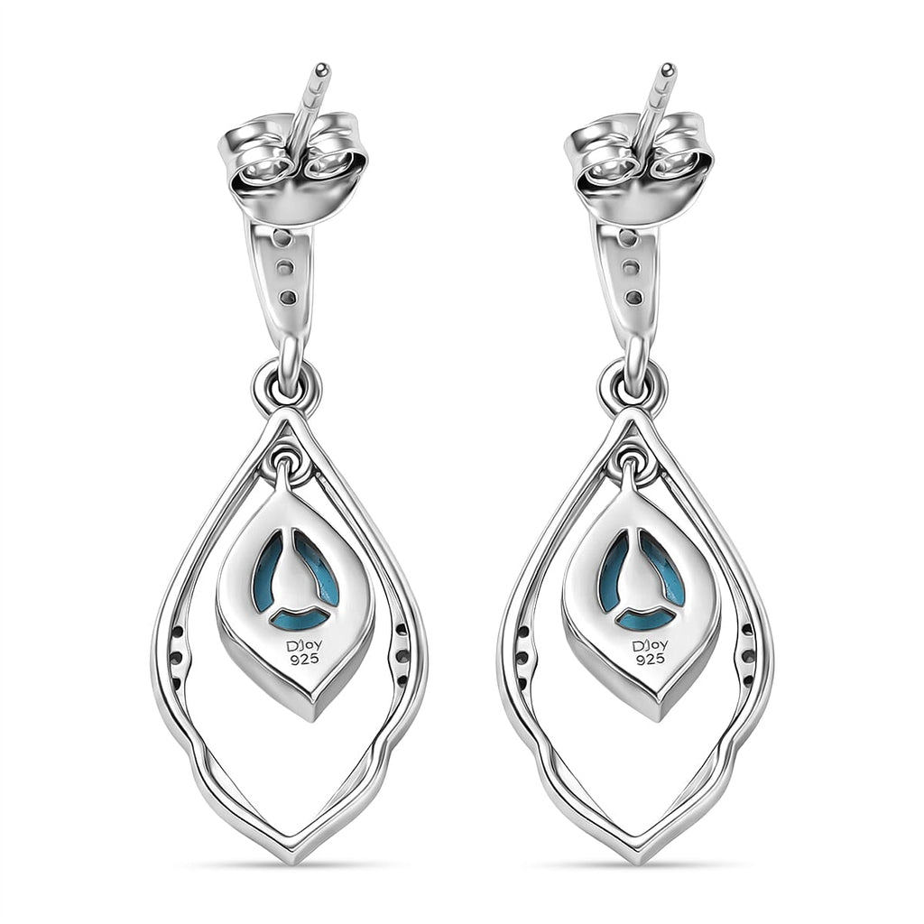D'Joy Sleeping Beauty Turquoise & White Zircon Dangling Earring with Push Back in Rhodium Overlay Sterling Silver 1.56 Ct.