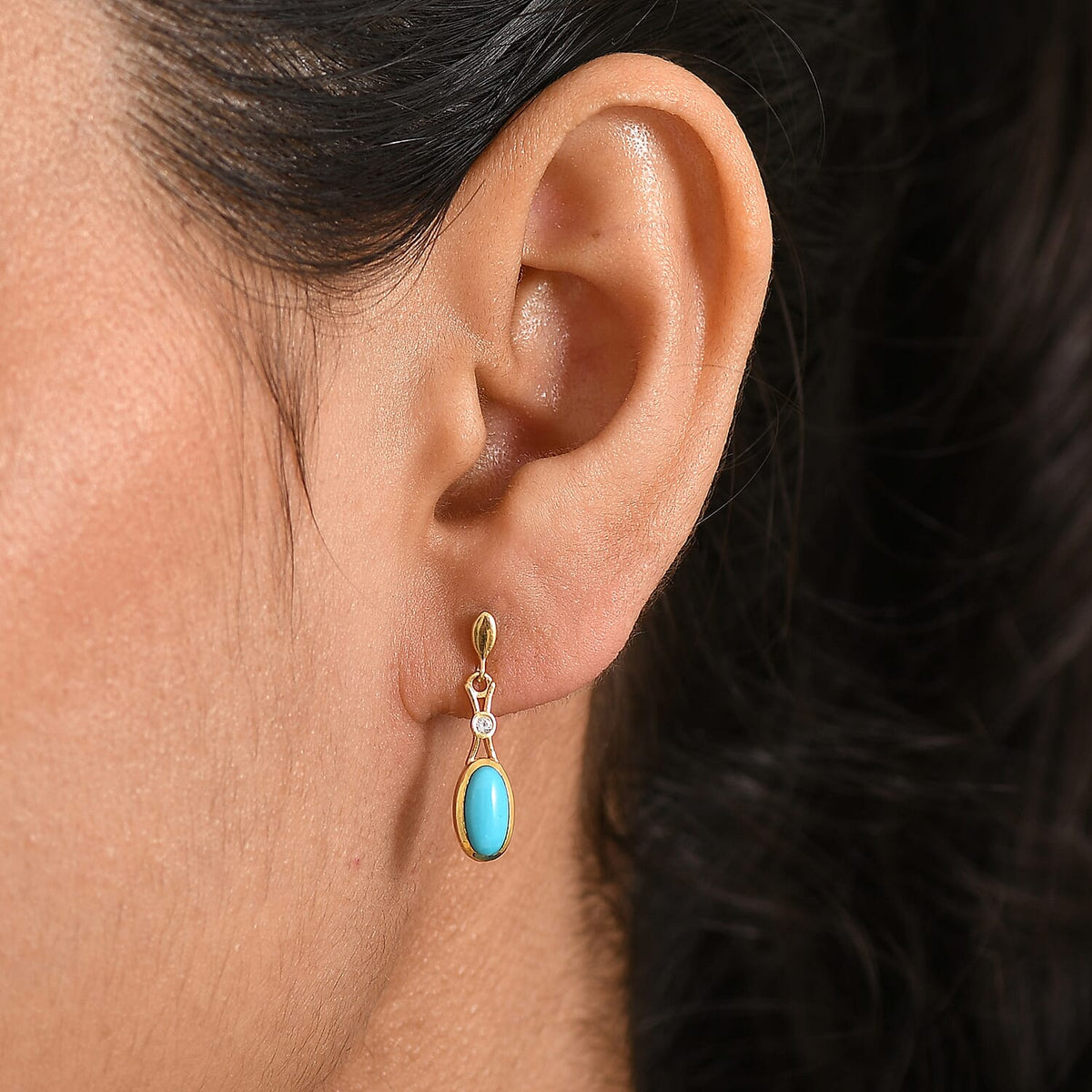 D'Joy Sleeping Beauty Turquoise &amp; White Zircon Dangling Earring with Push Back in Yellow Gold Plated Sterling Silver 1.19 Ct. 8435679 2