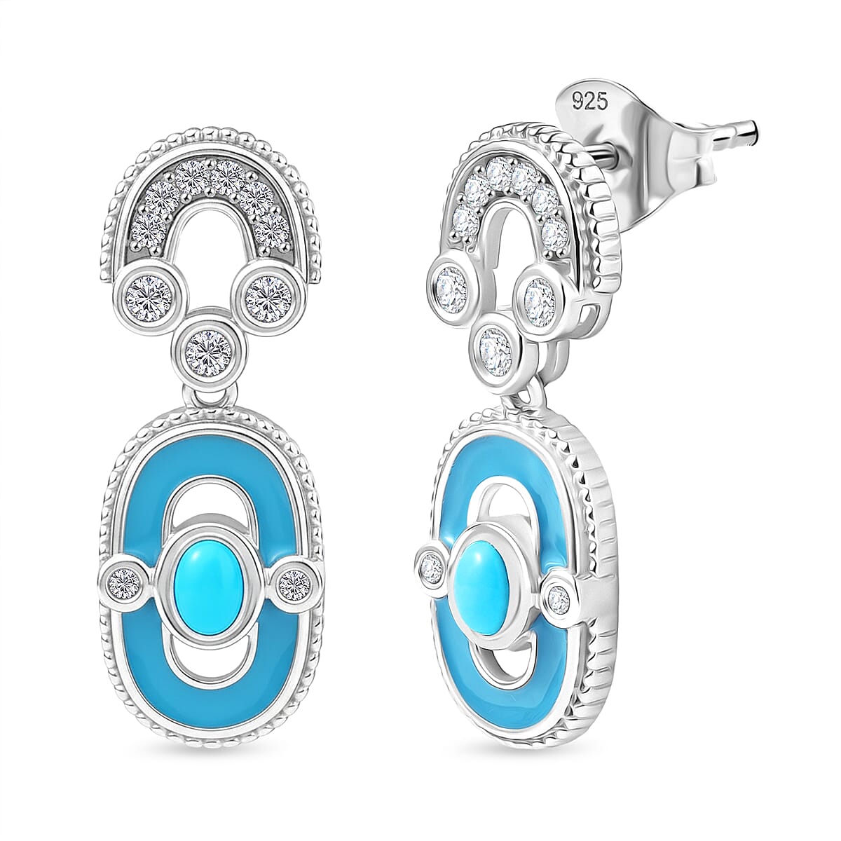 D'Joy Sleeping Beauty Turquoise &amp; White Zircon Dangling Earring with Push Back in Rhodium Overlay Sterling Silver V32520800 0