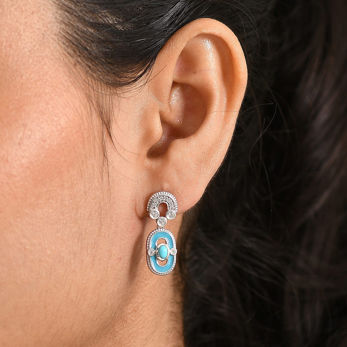 D'Joy Sleeping Beauty Turquoise &amp; White Zircon Dangling Earring with Push Back in Rhodium Overlay Sterling Silver V32520800 2