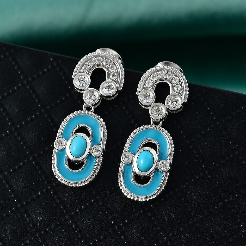D'Joy Sleeping Beauty Turquoise & White Zircon Dangling Earring with Push Back in Rhodium Overlay Sterling Silver