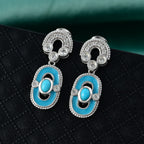 D'Joy Sleeping Beauty Turquoise & White Zircon Dangling Earring with Push Back in Rhodium Overlay Sterling Silver