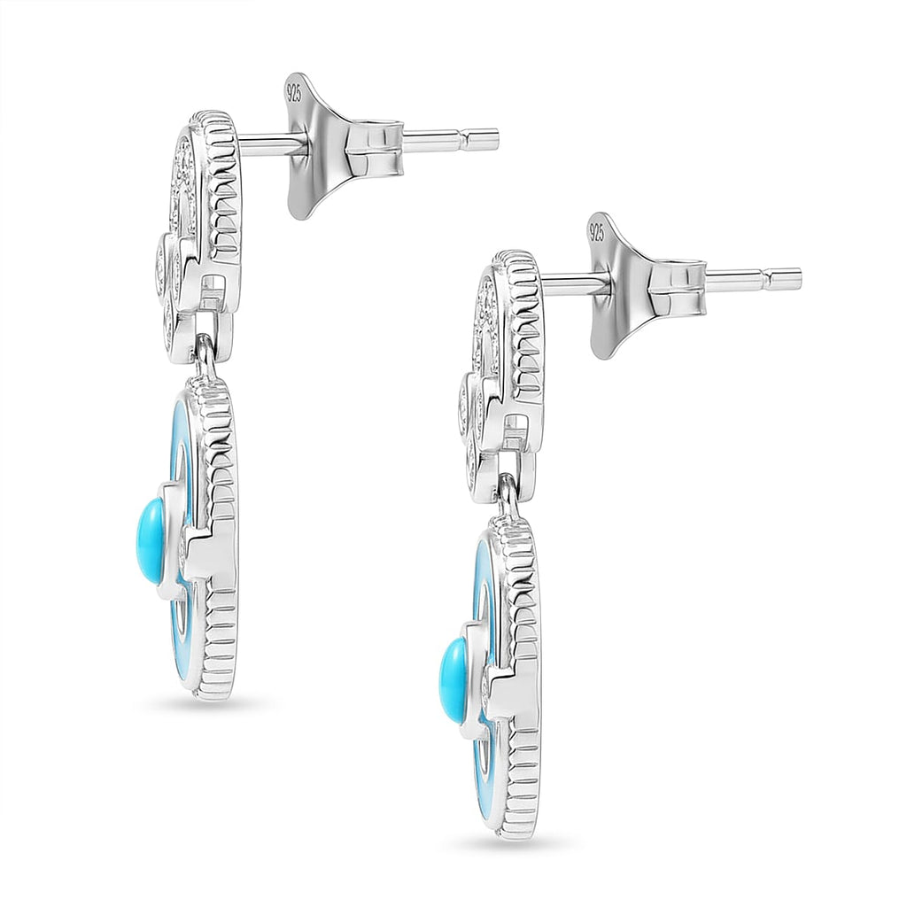D'Joy Sleeping Beauty Turquoise & White Zircon Dangling Earring with Push Back in Rhodium Overlay Sterling Silver