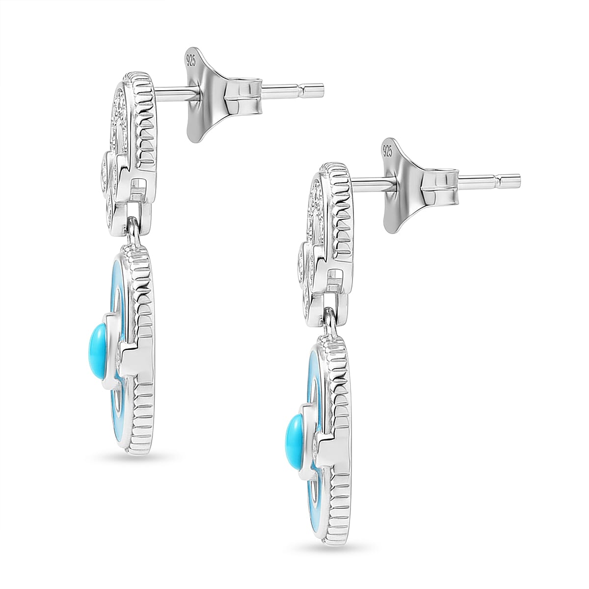 D'Joy Sleeping Beauty Turquoise &amp; White Zircon Dangling Earring with Push Back in Rhodium Overlay Sterling Silver V32520800 4